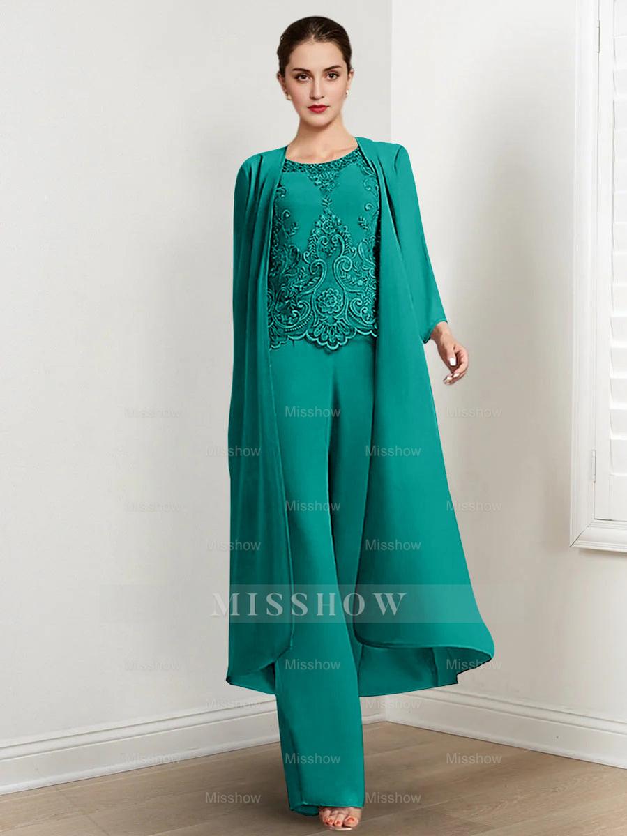 Floor-Length Round Neck Chiffon Pantsuits For The Mother Of The Bride With Jacket And Applique