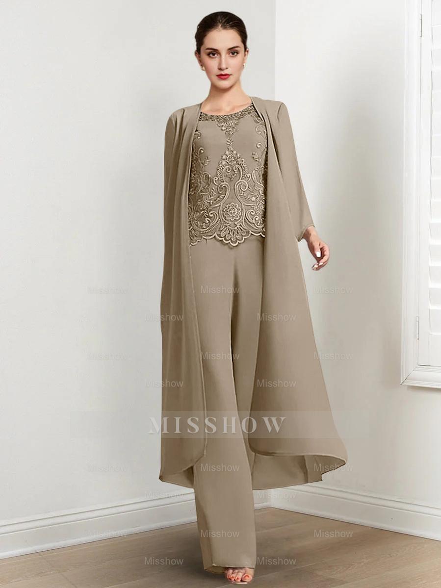 Floor-Length Round Neck Chiffon Pantsuits For The Mother Of The Bride With Jacket And Applique