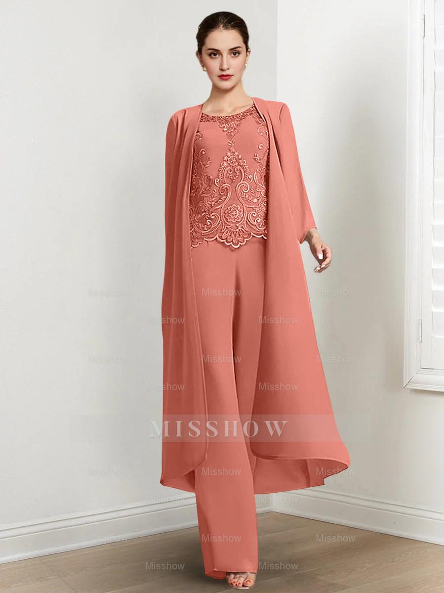 Floor-Length Round Neck Chiffon Pantsuits For The Mother Of The Bride With Jacket And Applique