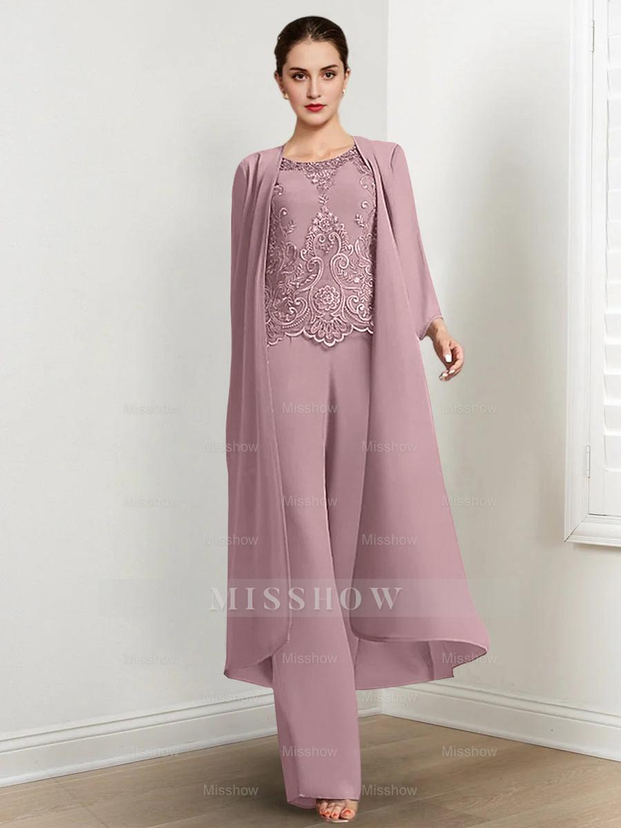 Floor-Length Round Neck Chiffon Pantsuits For The Mother Of The Bride With Jacket And Applique