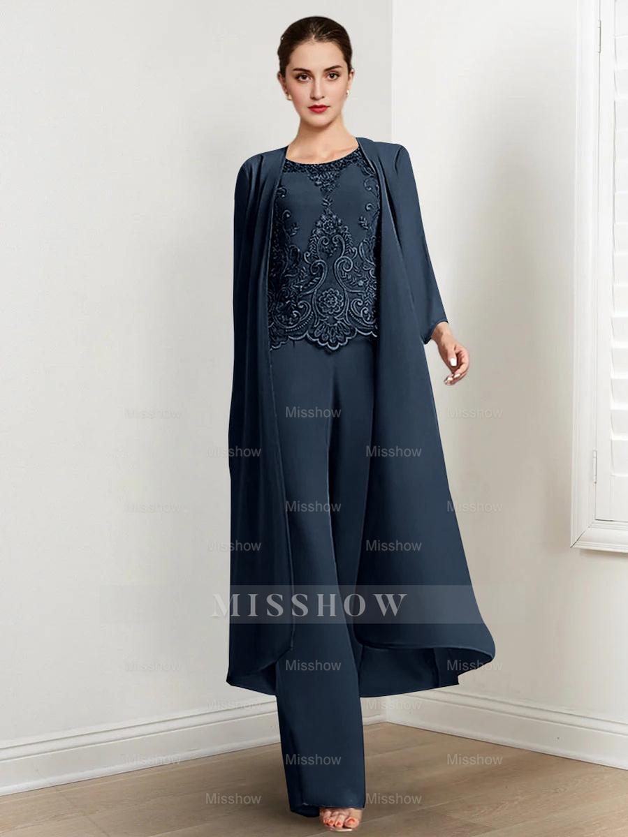 Floor-Length Round Neck Chiffon Pantsuits For The Mother Of The Bride With Jacket And Applique
