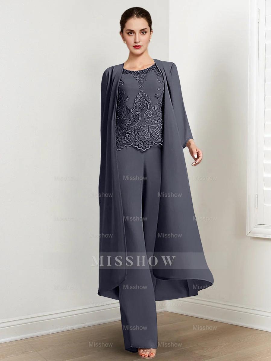 Floor-Length Round Neck Chiffon Pantsuits For The Mother Of The Bride With Jacket And Applique