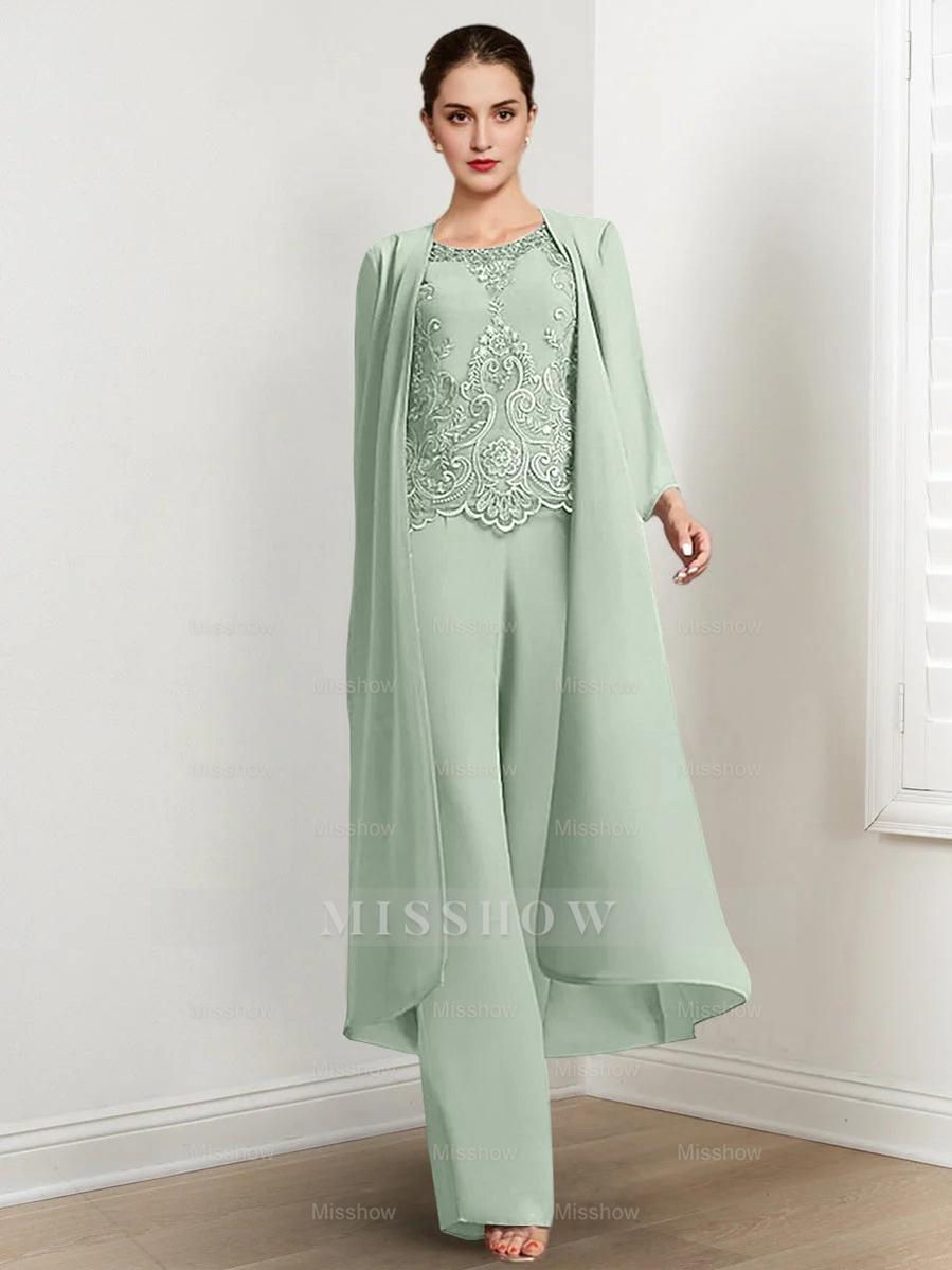Floor-Length Round Neck Chiffon Pantsuits For The Mother Of The Bride With Jacket And Applique