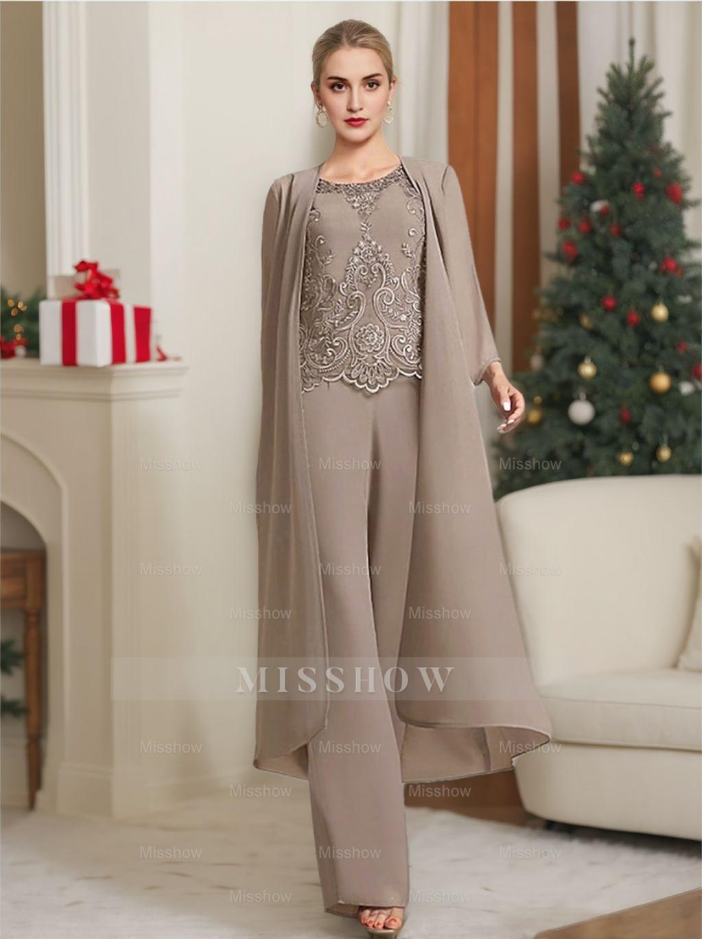 Floor-Length Round Neck Chiffon Pantsuits For The Mother Of The Bride With Jacket And Applique