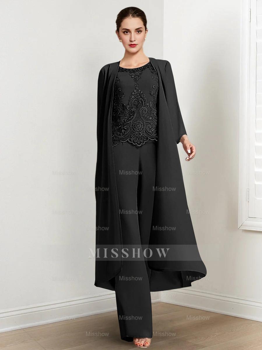Floor-Length Round Neck Chiffon Pantsuits For The Mother Of The Bride With Jacket And Applique