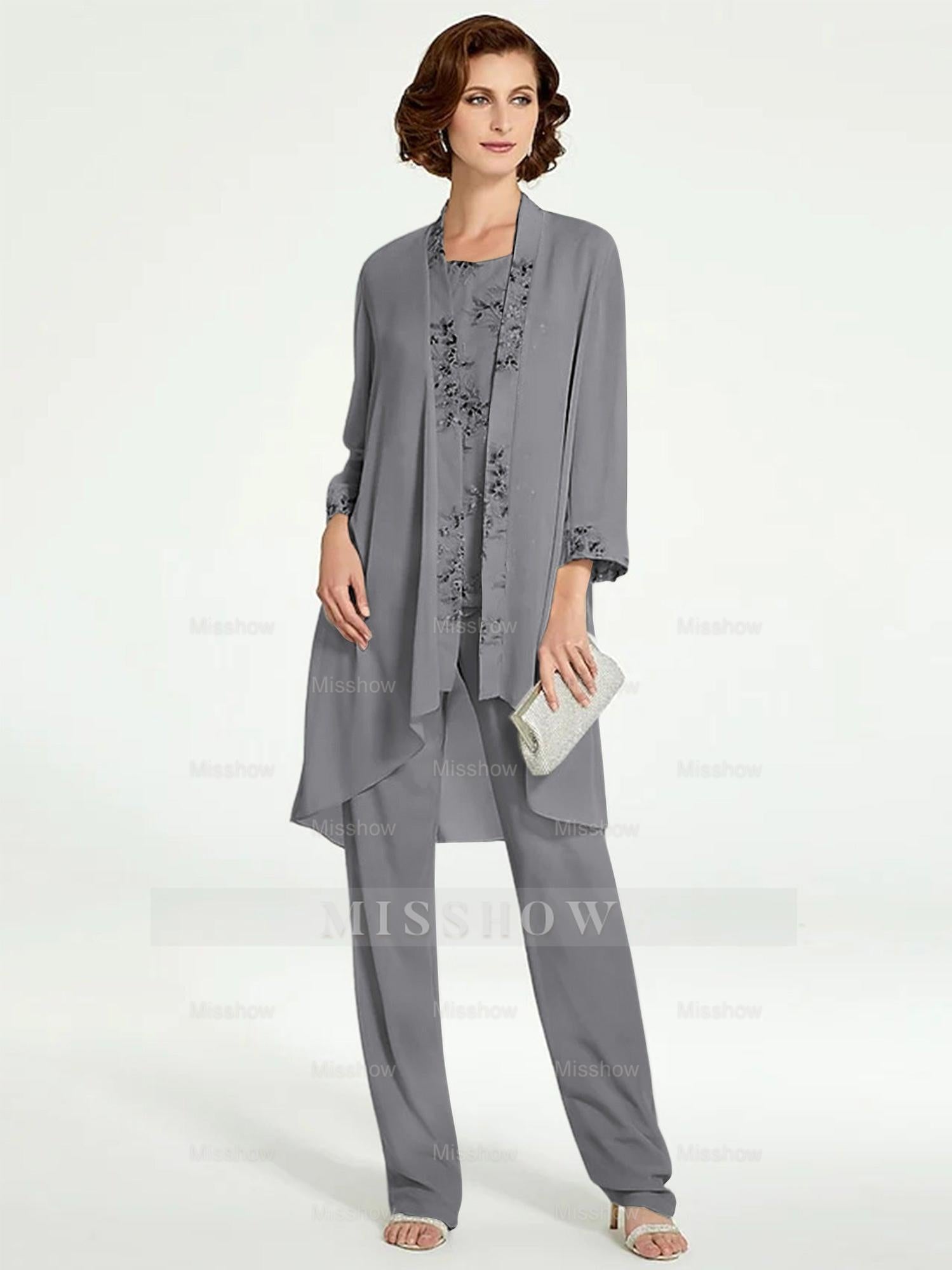 Floor-Length Round Neck Chiffon Pantsuits with Jacket for the Mother of the Bride