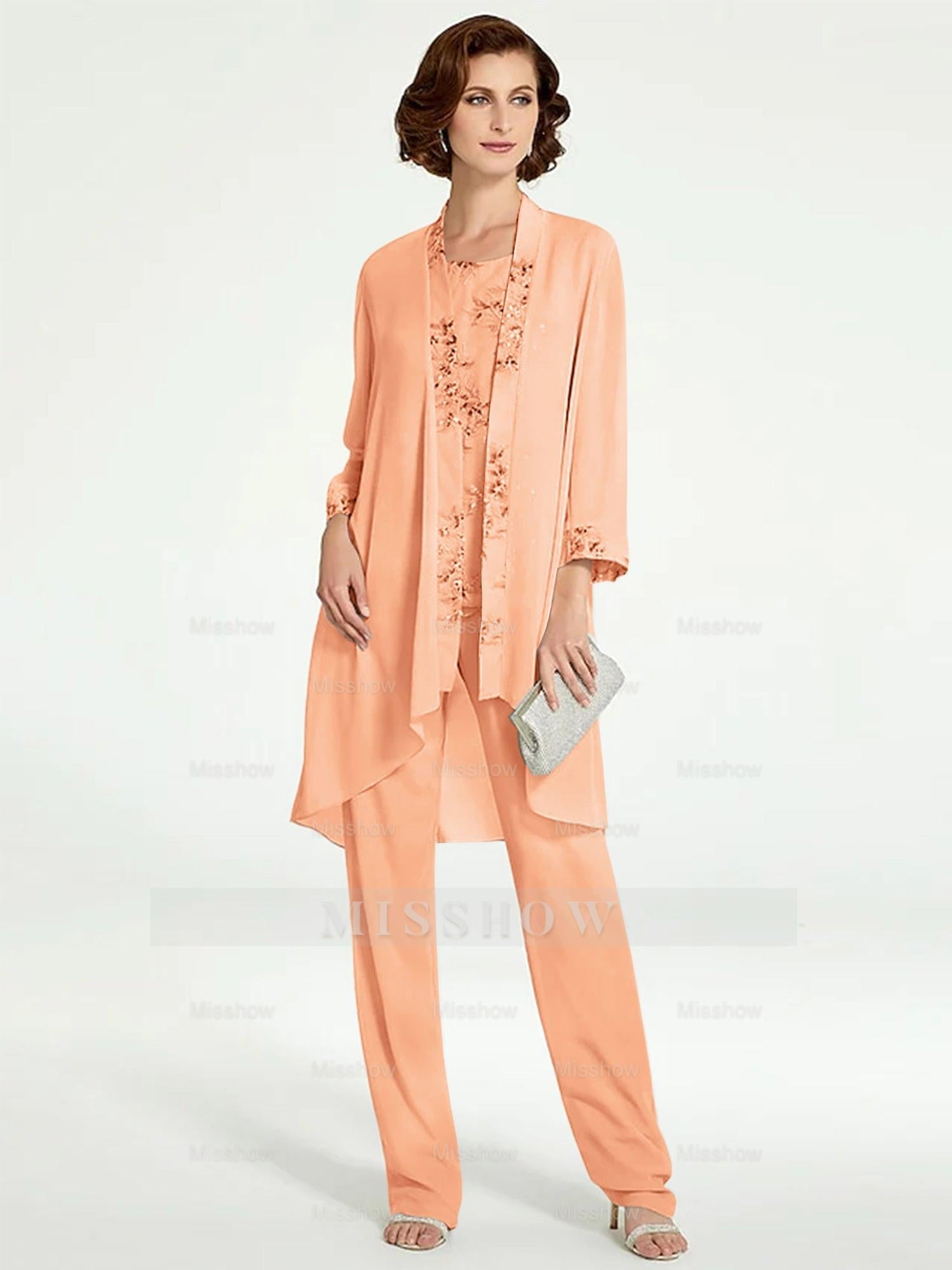 Floor-Length Round Neck Chiffon Pantsuits with Jacket for the Mother of the Bride