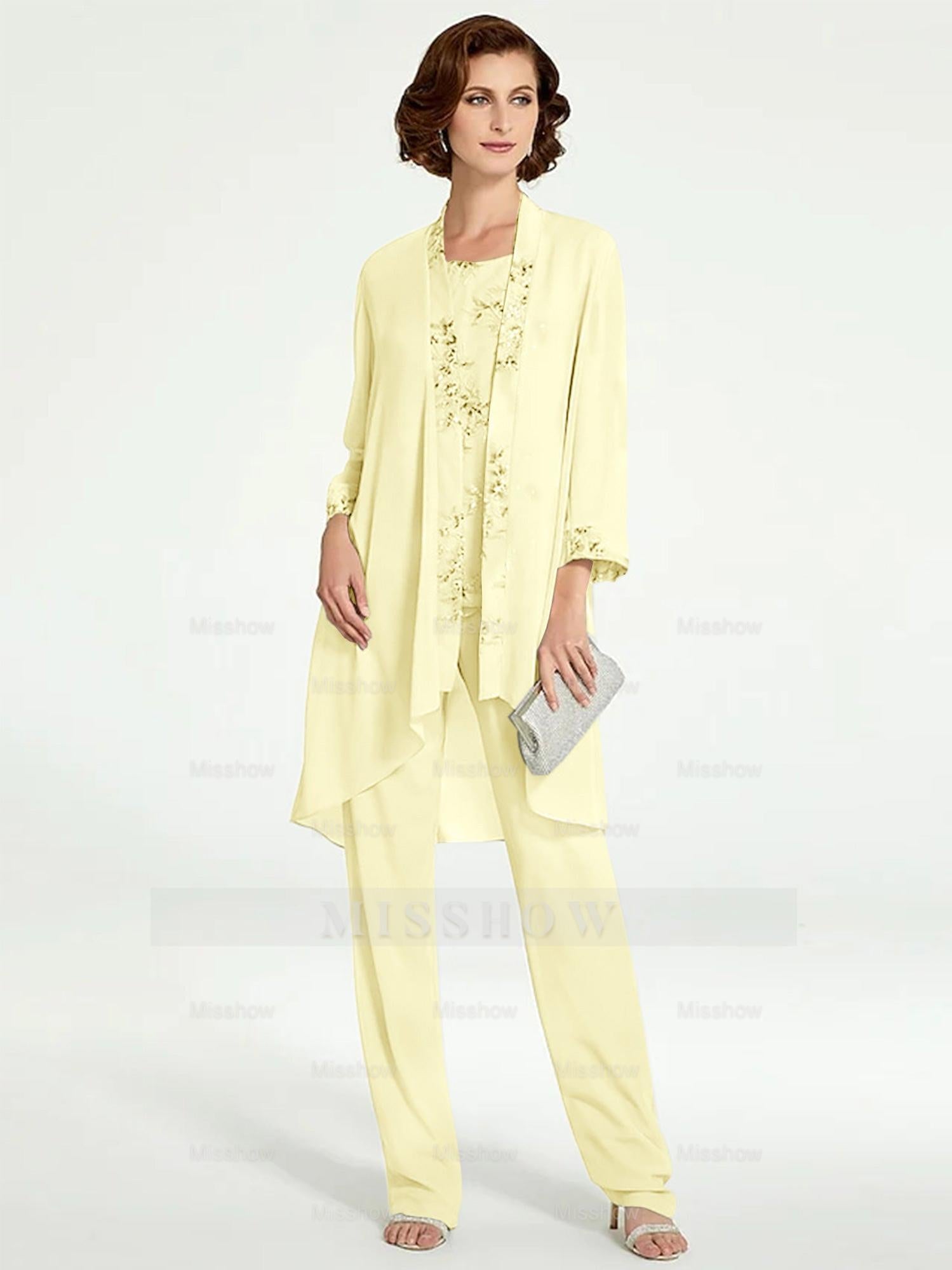 Floor-Length Round Neck Chiffon Pantsuits with Jacket for the Mother of the Bride