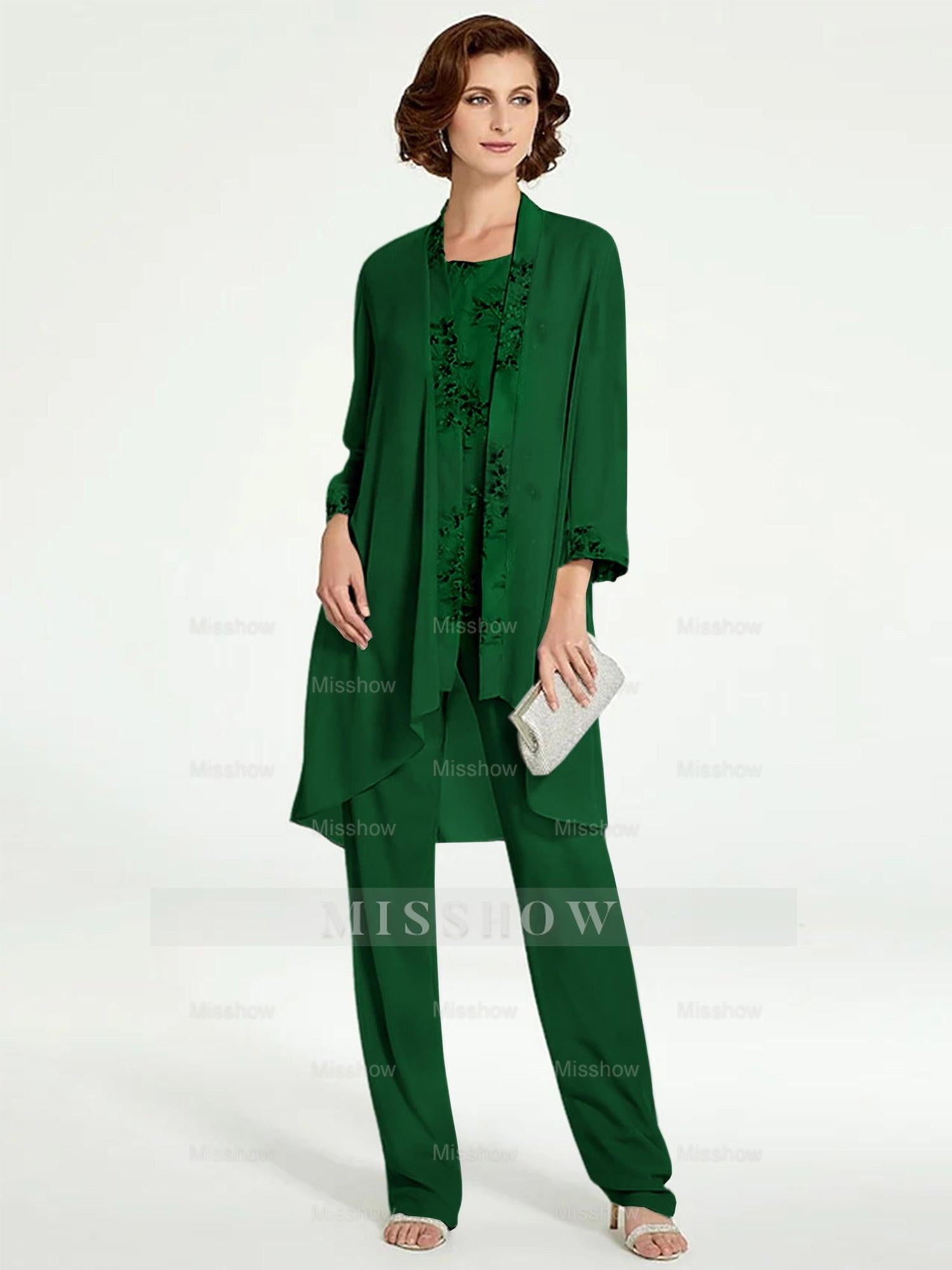 Floor-Length Round Neck Chiffon Pantsuits with Jacket for the Mother of the Bride