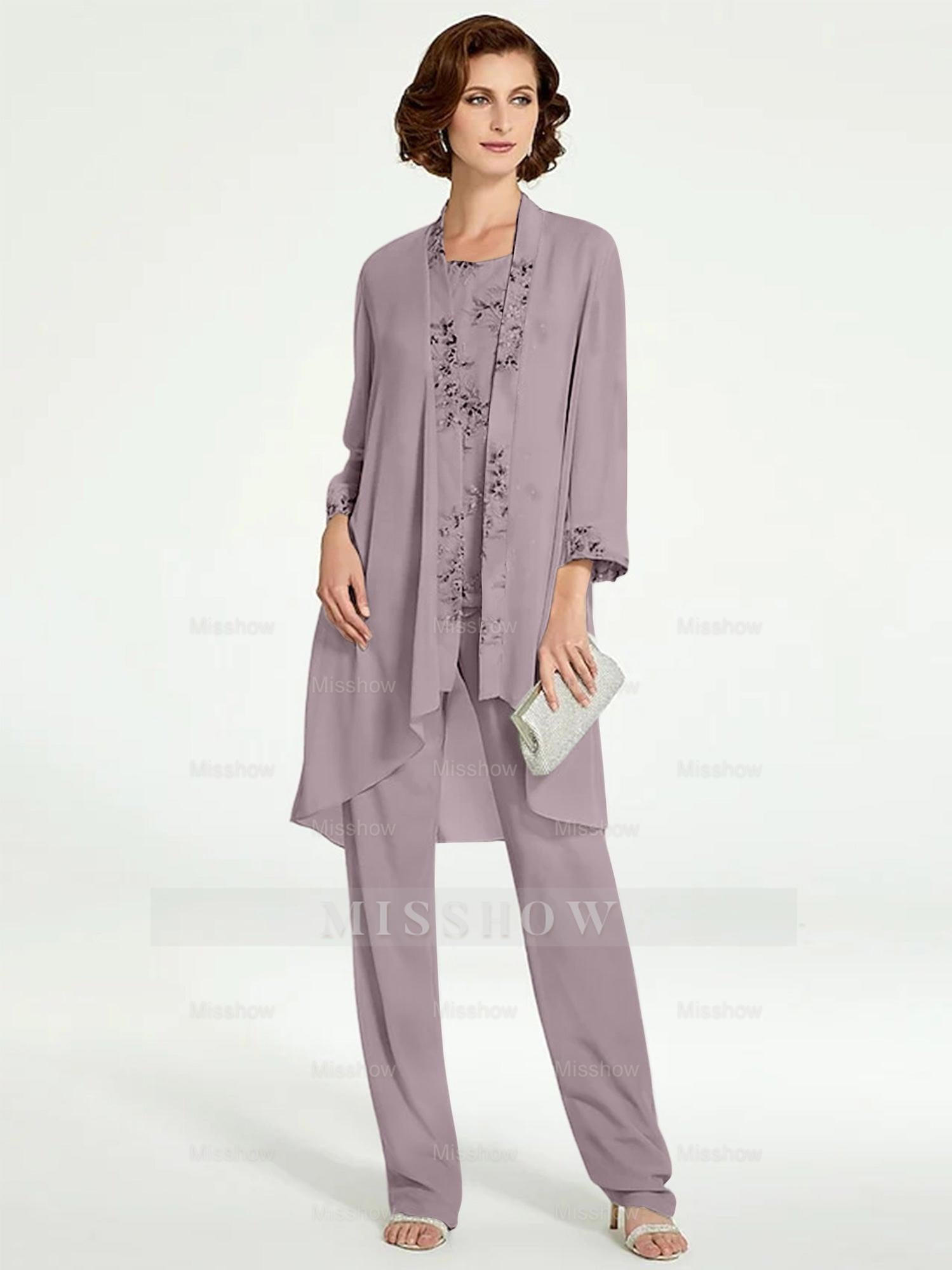 Floor-Length Round Neck Chiffon Pantsuits with Jacket for the Mother of the Bride