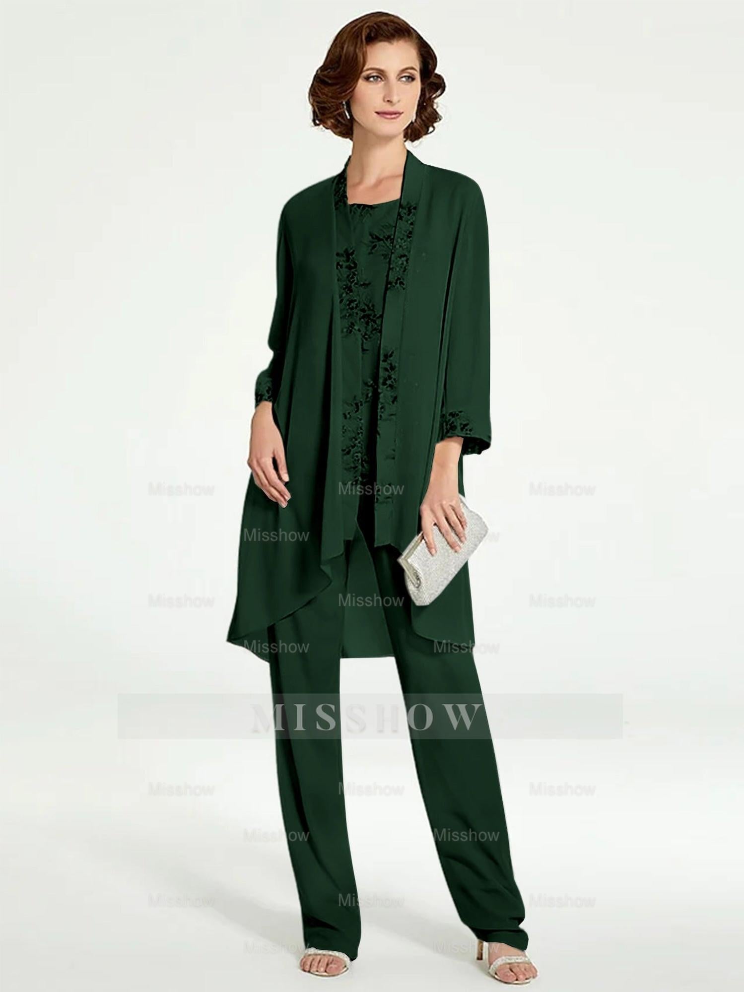 Floor-Length Round Neck Chiffon Pantsuits with Jacket for the Mother of the Bride