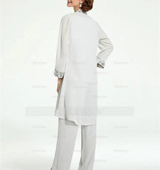 Floor-Length Round Neck Chiffon Pantsuits with Jacket for the Mother of the Bride