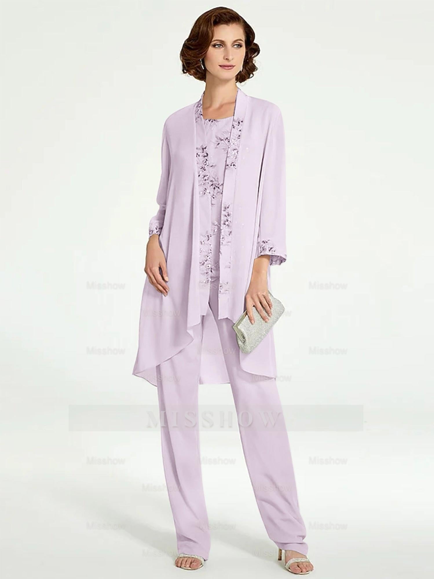 Floor-Length Round Neck Chiffon Pantsuits with Jacket for the Mother of the Bride