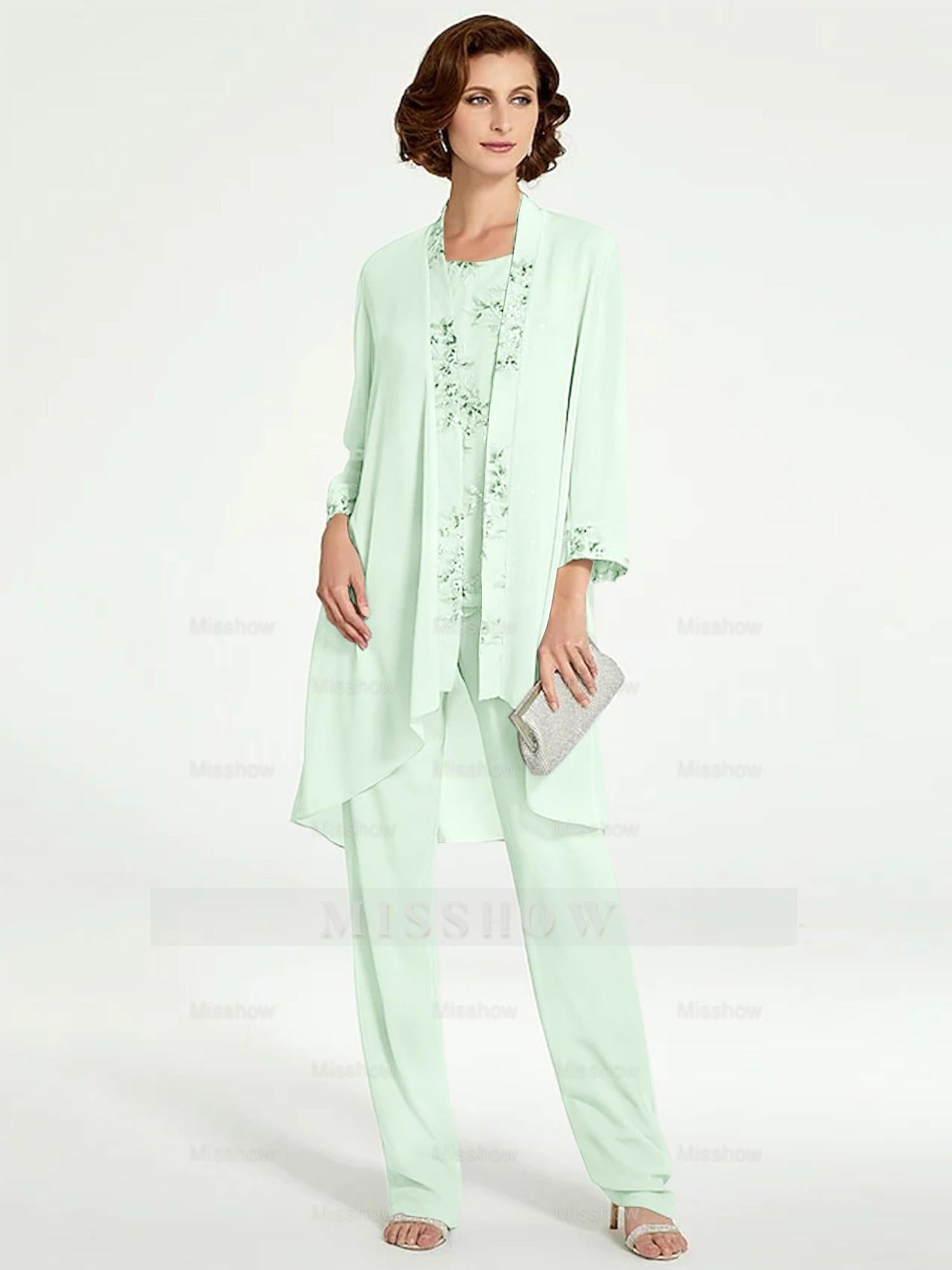 Floor-Length Round Neck Chiffon Pantsuits with Jacket for the Mother of the Bride