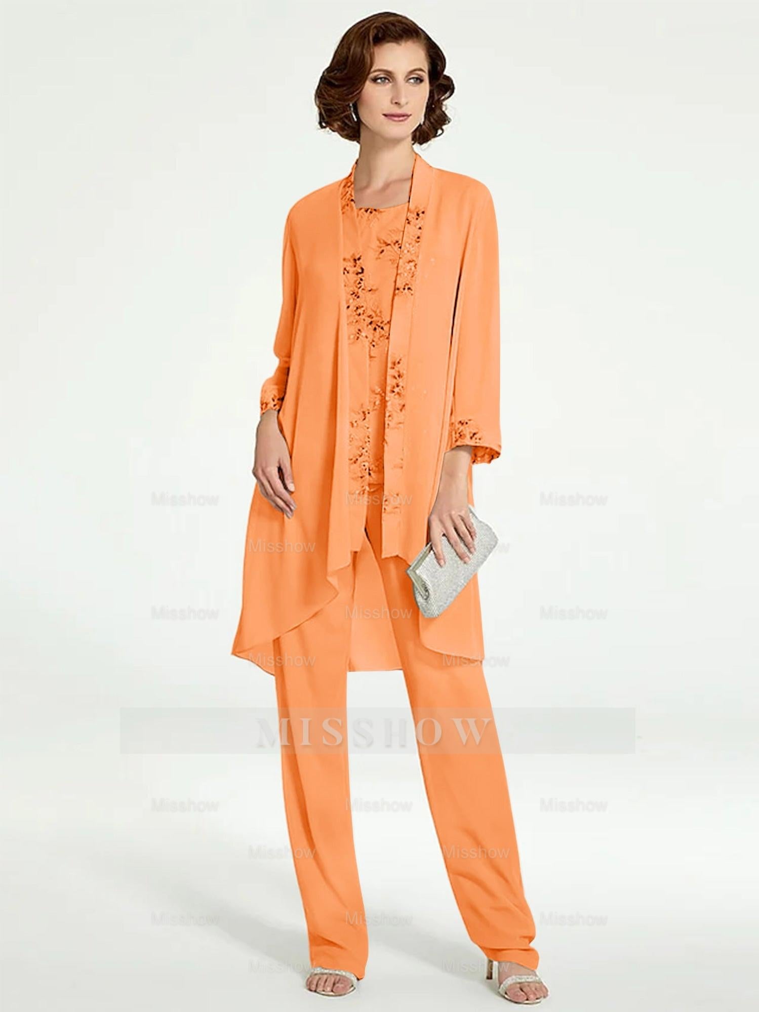 Floor-Length Round Neck Chiffon Pantsuits with Jacket for the Mother of the Bride