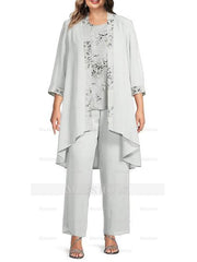 Floor-Length Round Neck Chiffon Pantsuits with Jacket for the Mother of the Bride