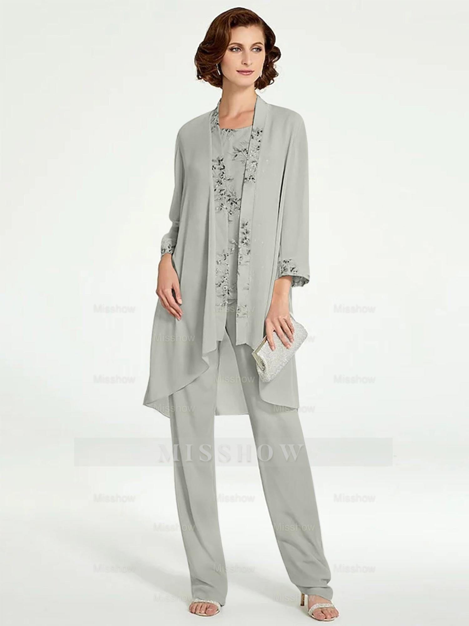 Floor-Length Round Neck Chiffon Pantsuits with Jacket for the Mother of the Bride