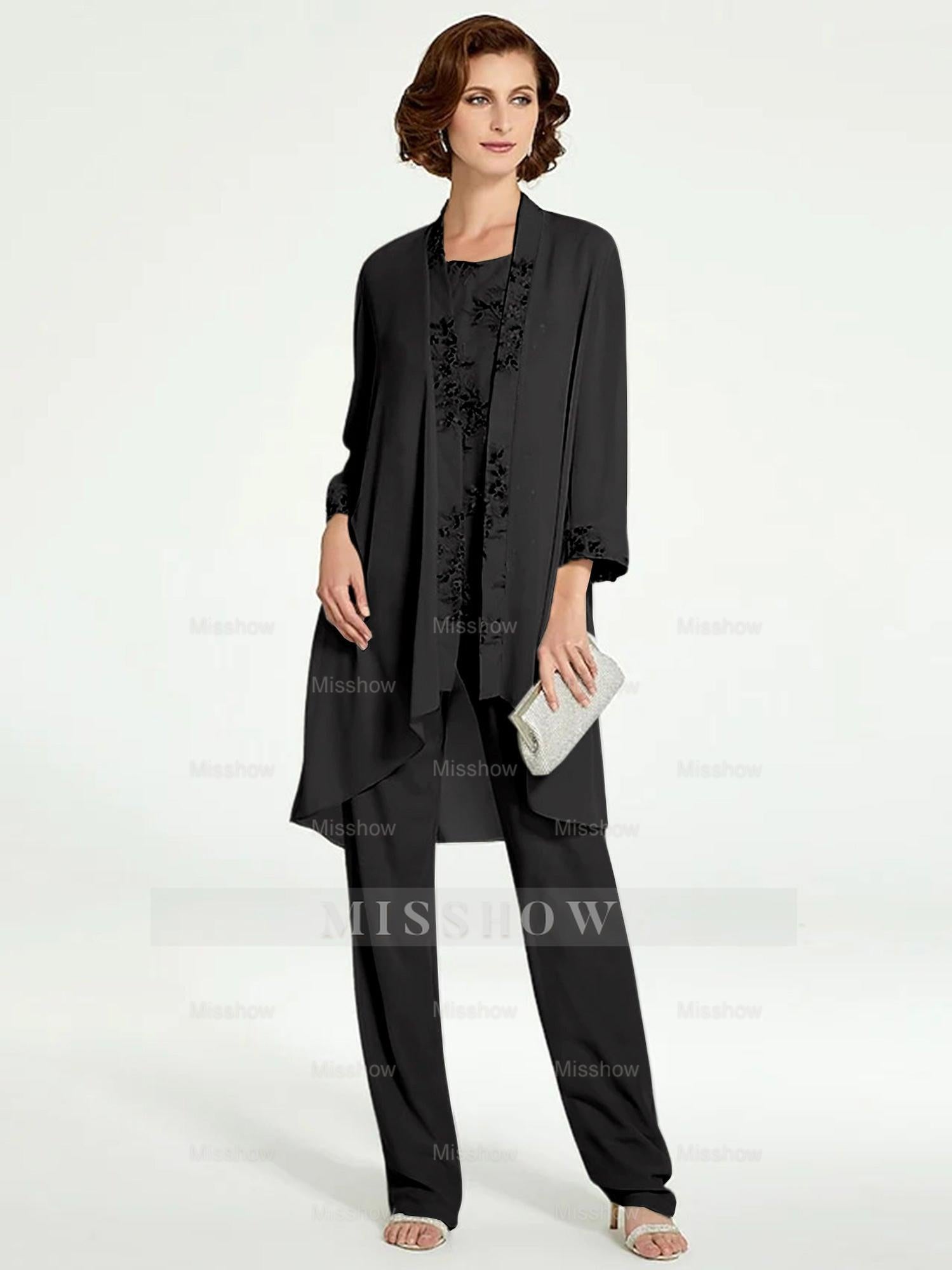 Floor-Length Round Neck Chiffon Pantsuits with Jacket for the Mother of the Bride