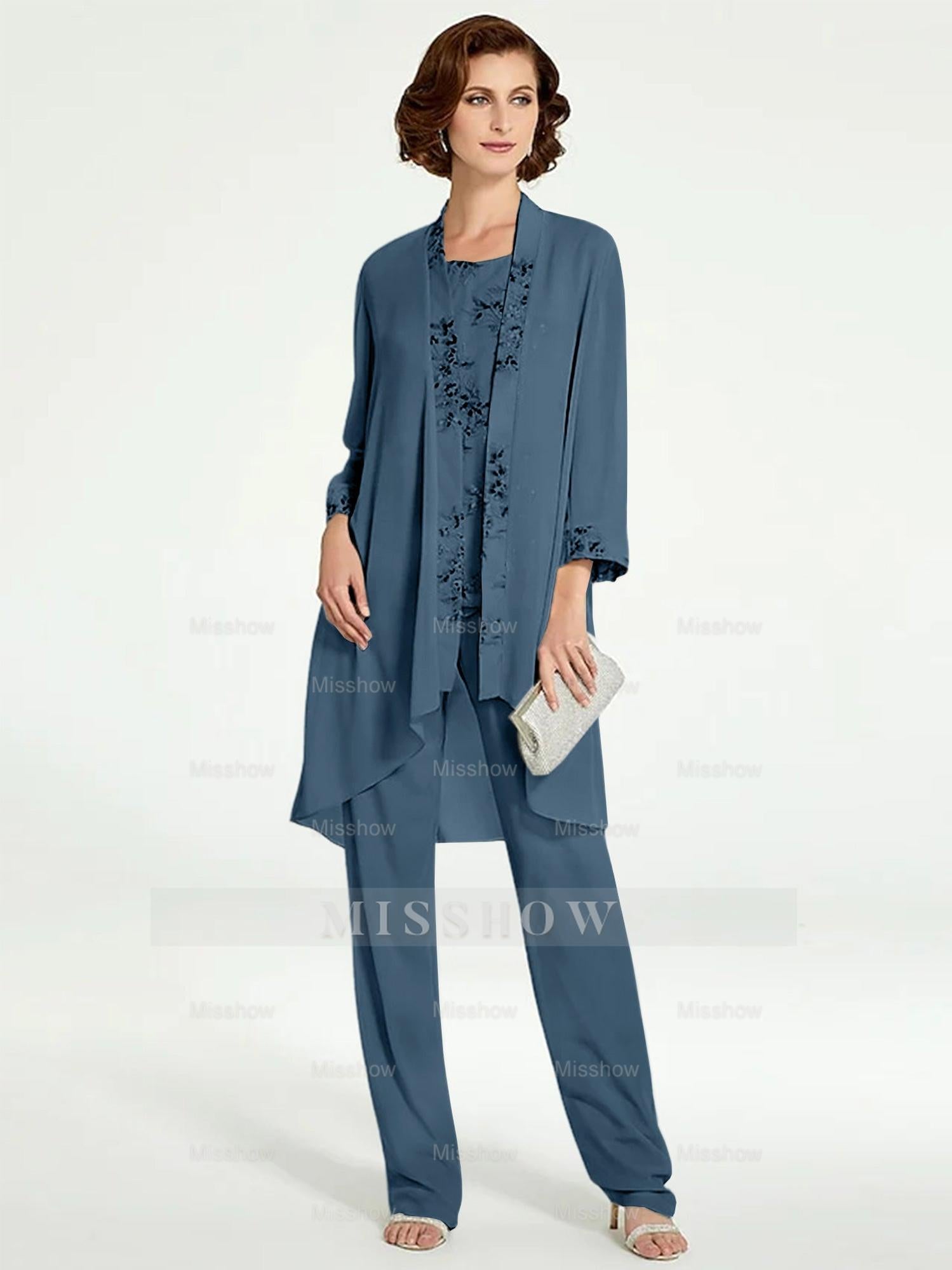Floor-Length Round Neck Chiffon Pantsuits with Jacket for the Mother of the Bride