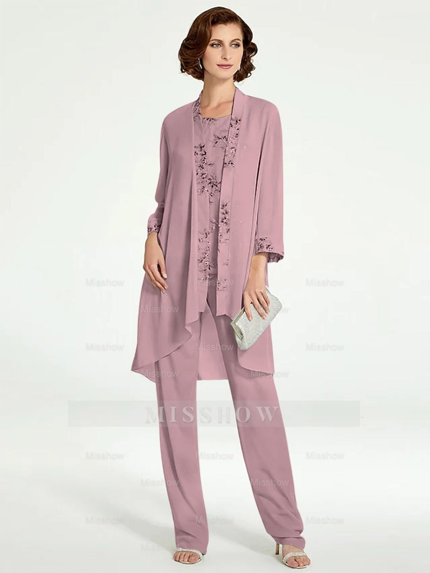 Floor-Length Round Neck Chiffon Pantsuits with Jacket for the Mother of the Bride