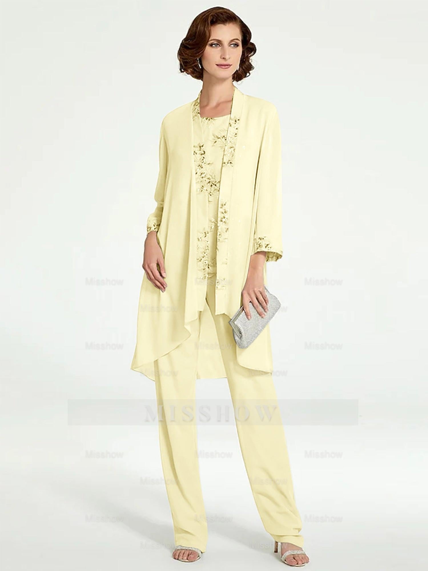 Floor-Length Round Neck Chiffon Pantsuits with Jacket for the Mother of the Bride