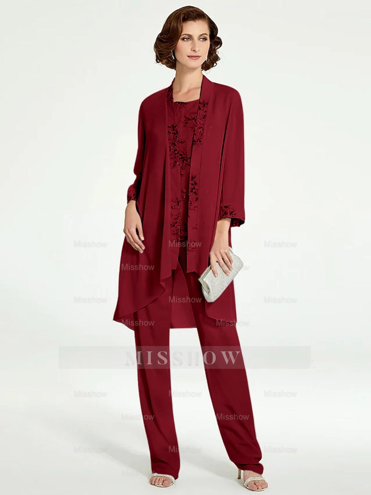Floor-Length Round Neck Chiffon Pantsuits with Jacket for the Mother of the Bride