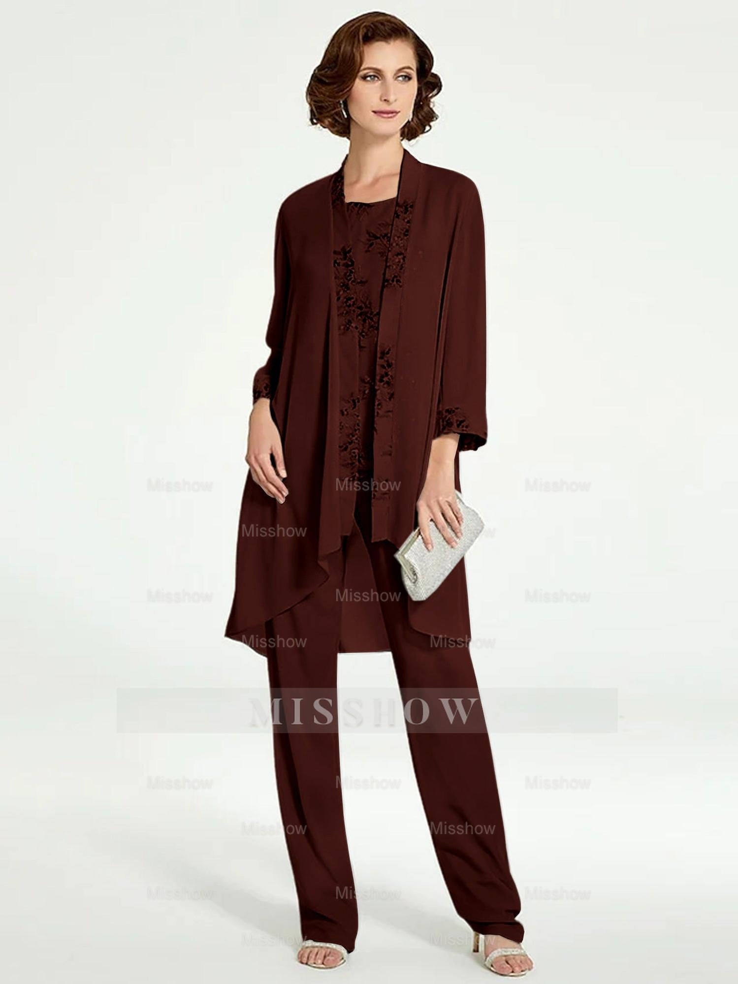 Floor-Length Round Neck Chiffon Pantsuits with Jacket for the Mother of the Bride