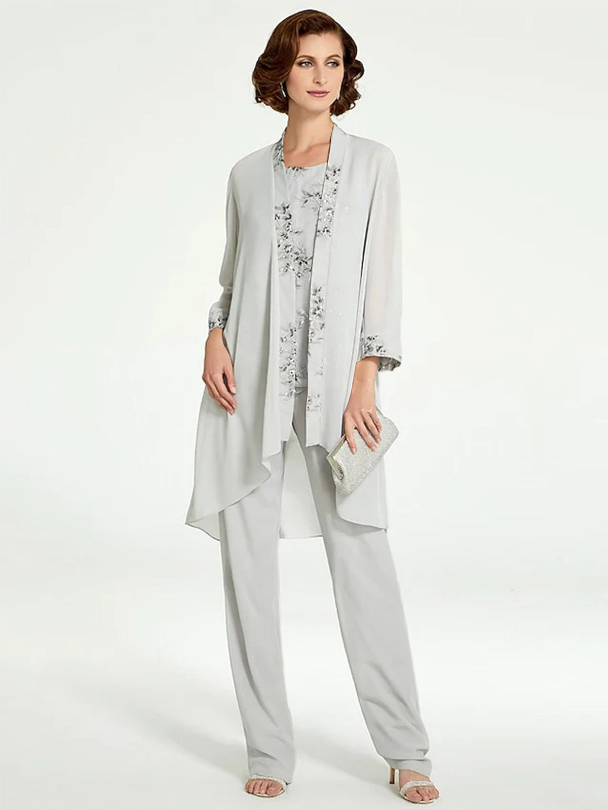 Floor-Length Round Neck Chiffon Pantsuits with Jacket for the Mother of the Bride
