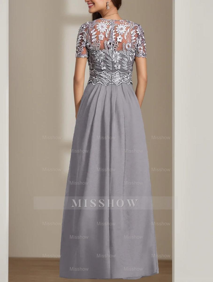 Floor-Length Round Neck Stretch Chiffon Mother of the Bride Pantsuit with Short Sleeves and Appliques Lace