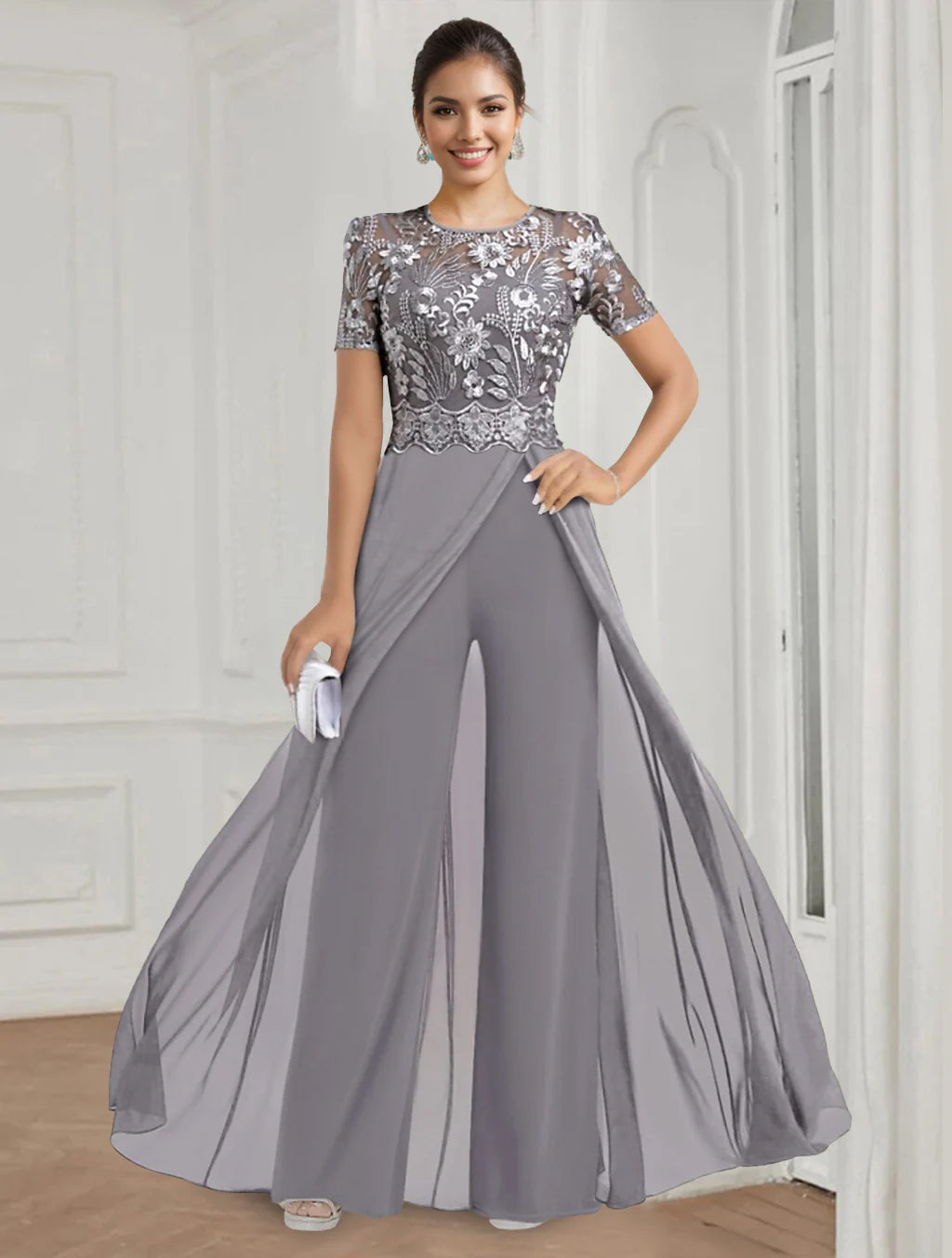 Floor-Length Round Neck Stretch Chiffon Mother of the Bride Pantsuit with Short Sleeves and Appliques Lace