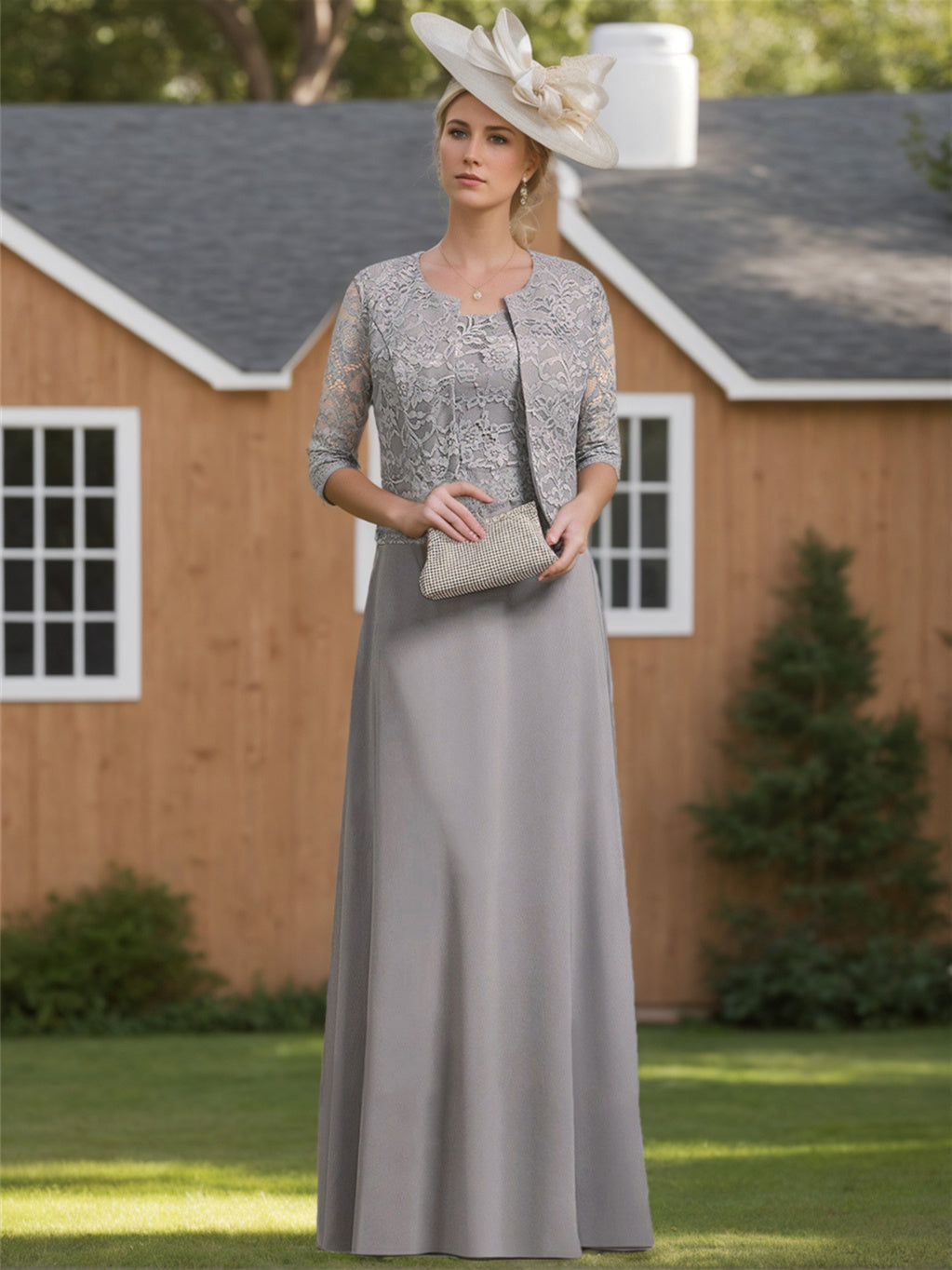 Floor-Length Scoop Neck Chiffon Gown with Lace and Half Sleeves for the Mother of the Bride