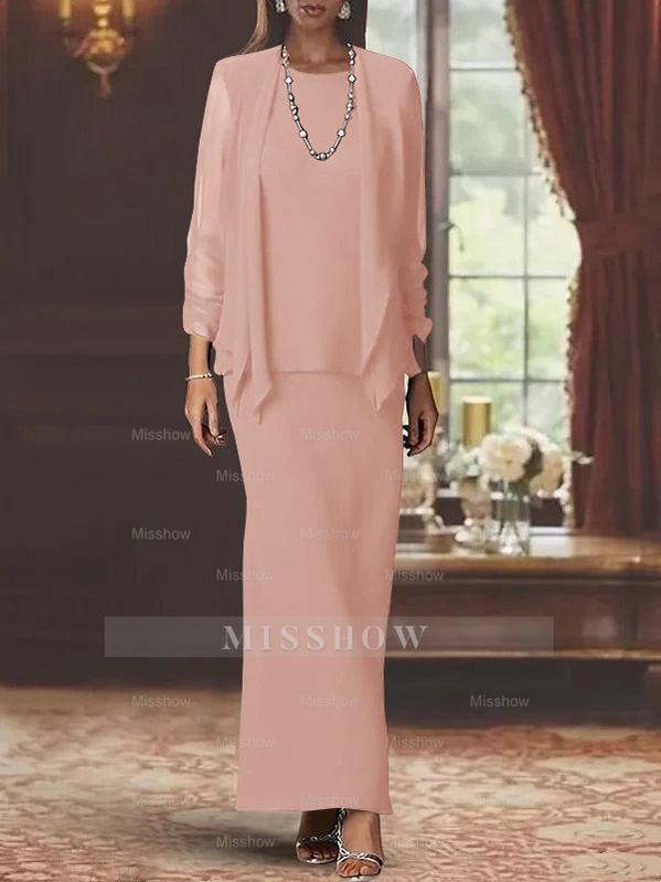 Floor-Length Scoop Neck Sheath Dress with Long Sleeves and Jacket for the Mother of the Bride