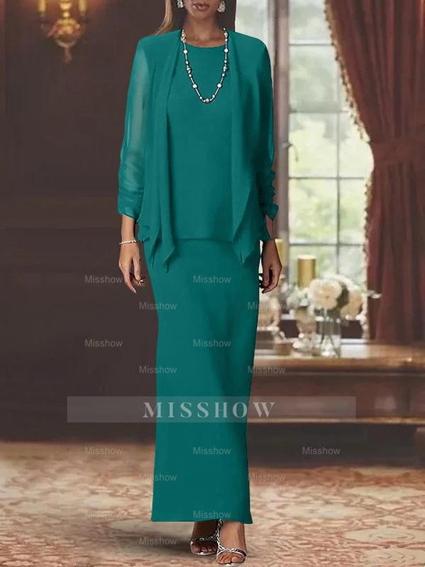 Floor-Length Scoop Neck Sheath Dress with Long Sleeves and Jacket for the Mother of the Bride