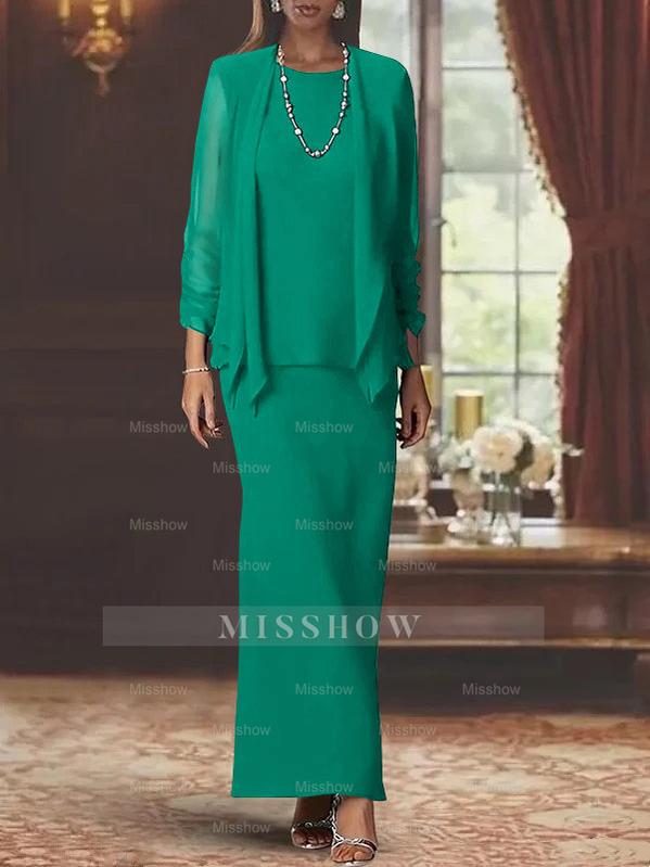 Floor-Length Scoop Neck Sheath Dress with Long Sleeves and Jacket for the Mother of the Bride