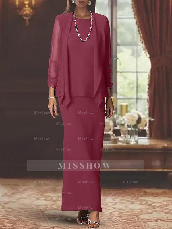 Floor-Length Scoop Neck Sheath Dress with Long Sleeves and Jacket for the Mother of the Bride