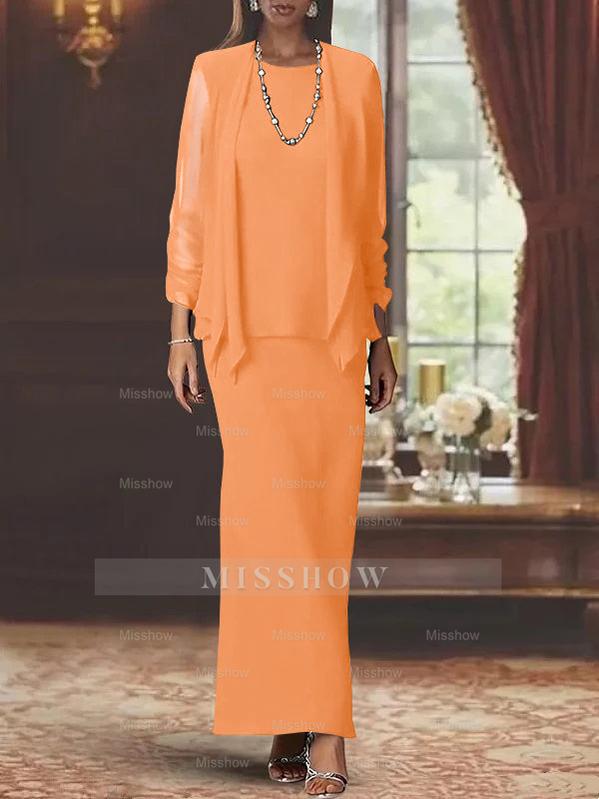 Floor-Length Scoop Neck Sheath Dress with Long Sleeves and Jacket for the Mother of the Bride