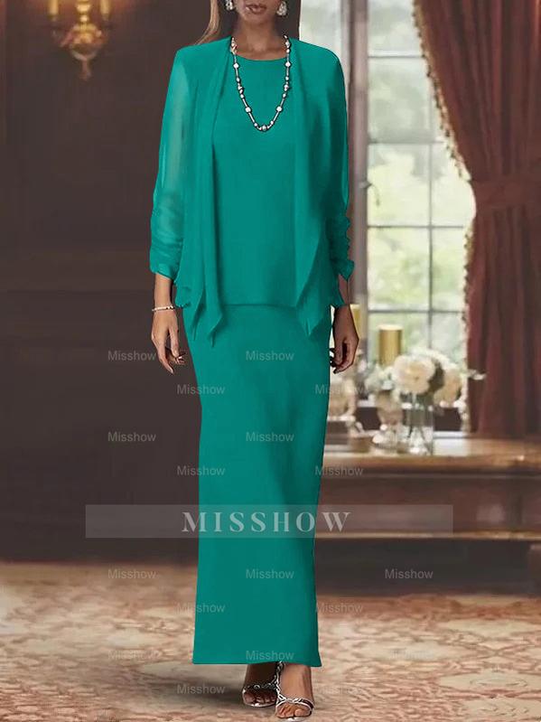 Floor-Length Scoop Neck Sheath Dress with Long Sleeves and Jacket for the Mother of the Bride