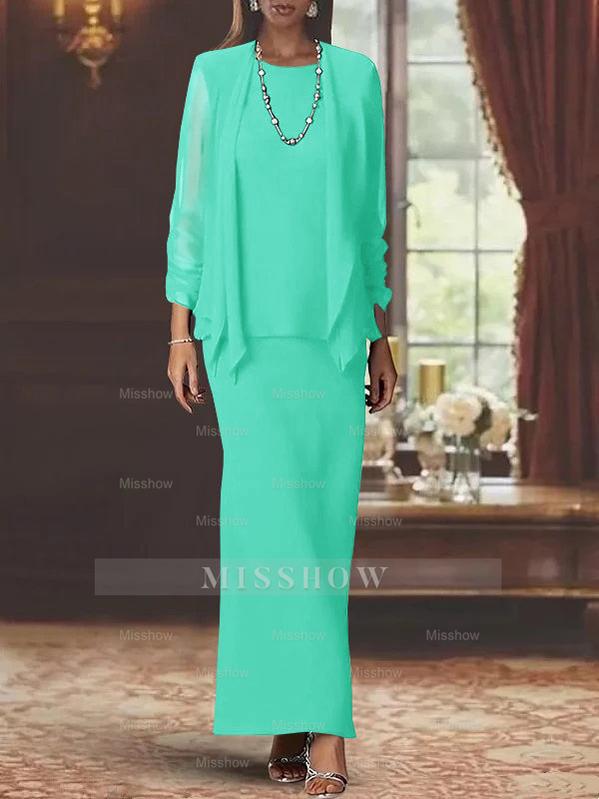 Floor-Length Scoop Neck Sheath Dress with Long Sleeves and Jacket for the Mother of the Bride
