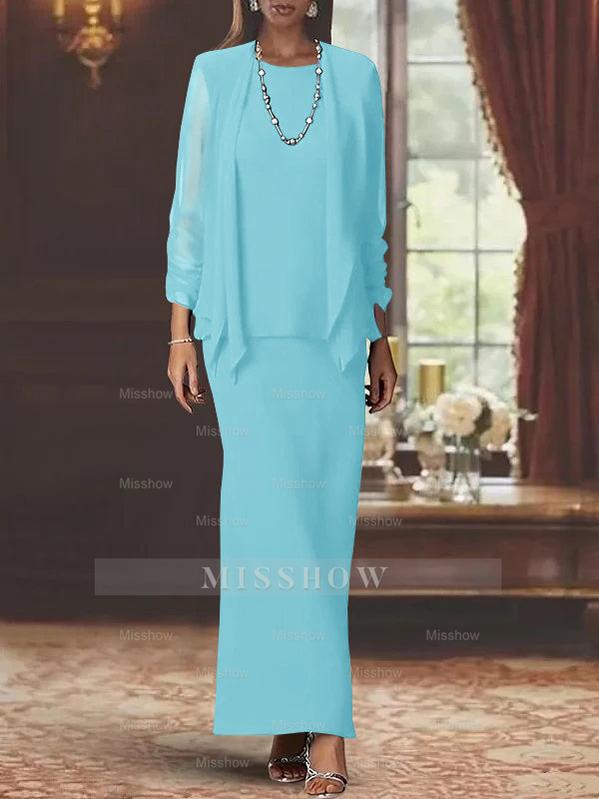 Floor-Length Scoop Neck Sheath Dress with Long Sleeves and Jacket for the Mother of the Bride