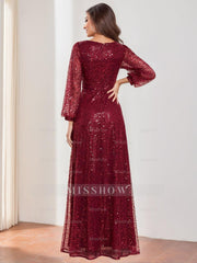Floor-Length Sequined Mother of the Bride Dress with V-Neck and Lantern Sleeves