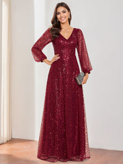 Floor-Length Sequined Mother of the Bride Dress with V-Neck and Lantern Sleeves
