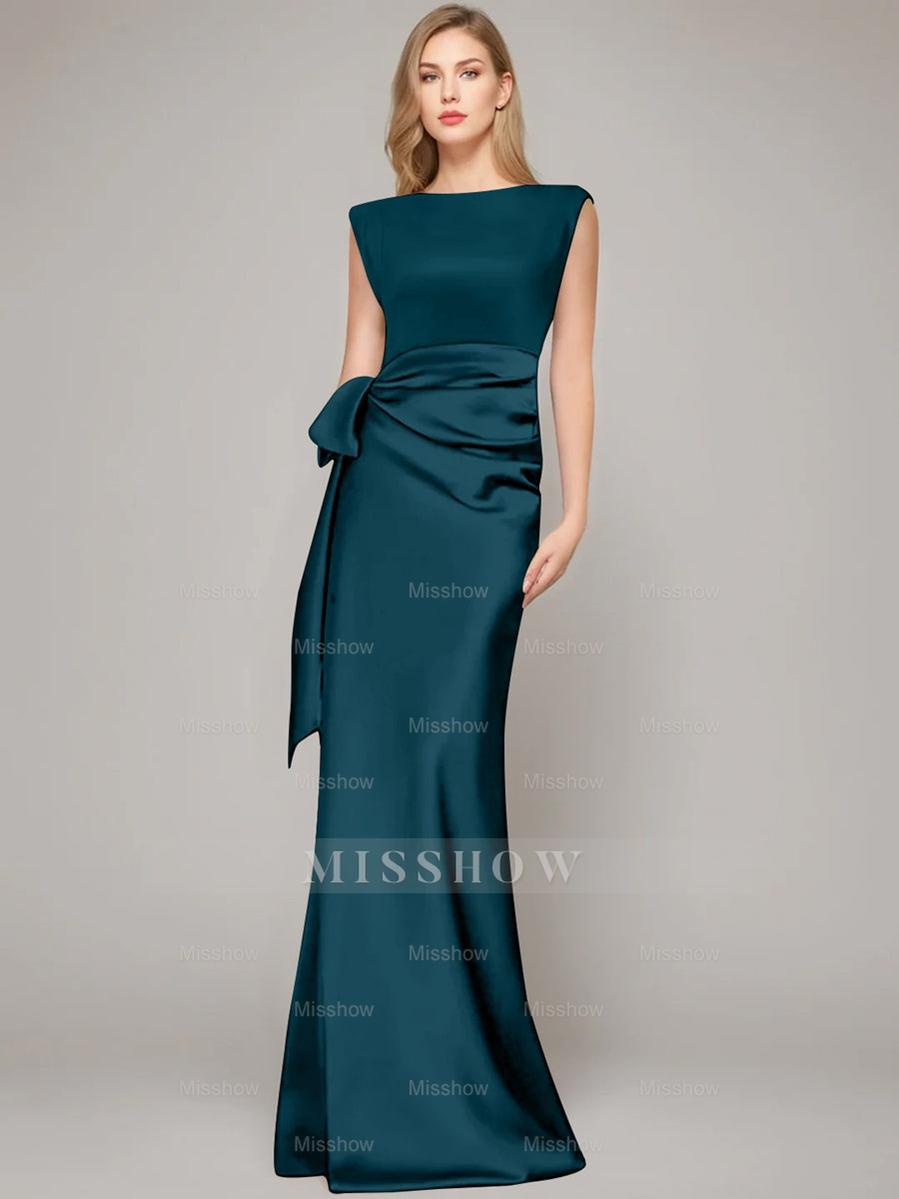 Floor-Length Sleeveless Mother of the Bride Dress with Bow and Shoulder Pad