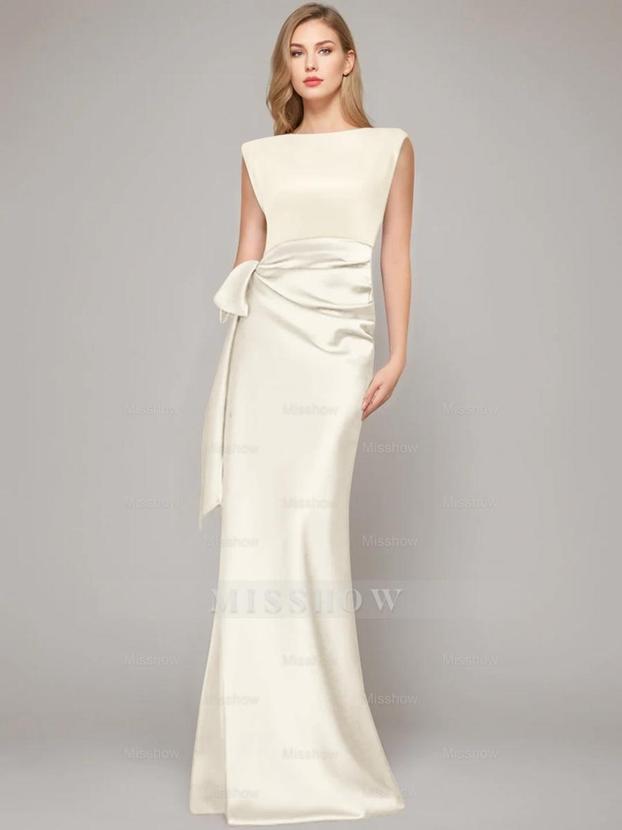 Floor-Length Sleeveless Mother of the Bride Dress with Bow and Shoulder Pad
