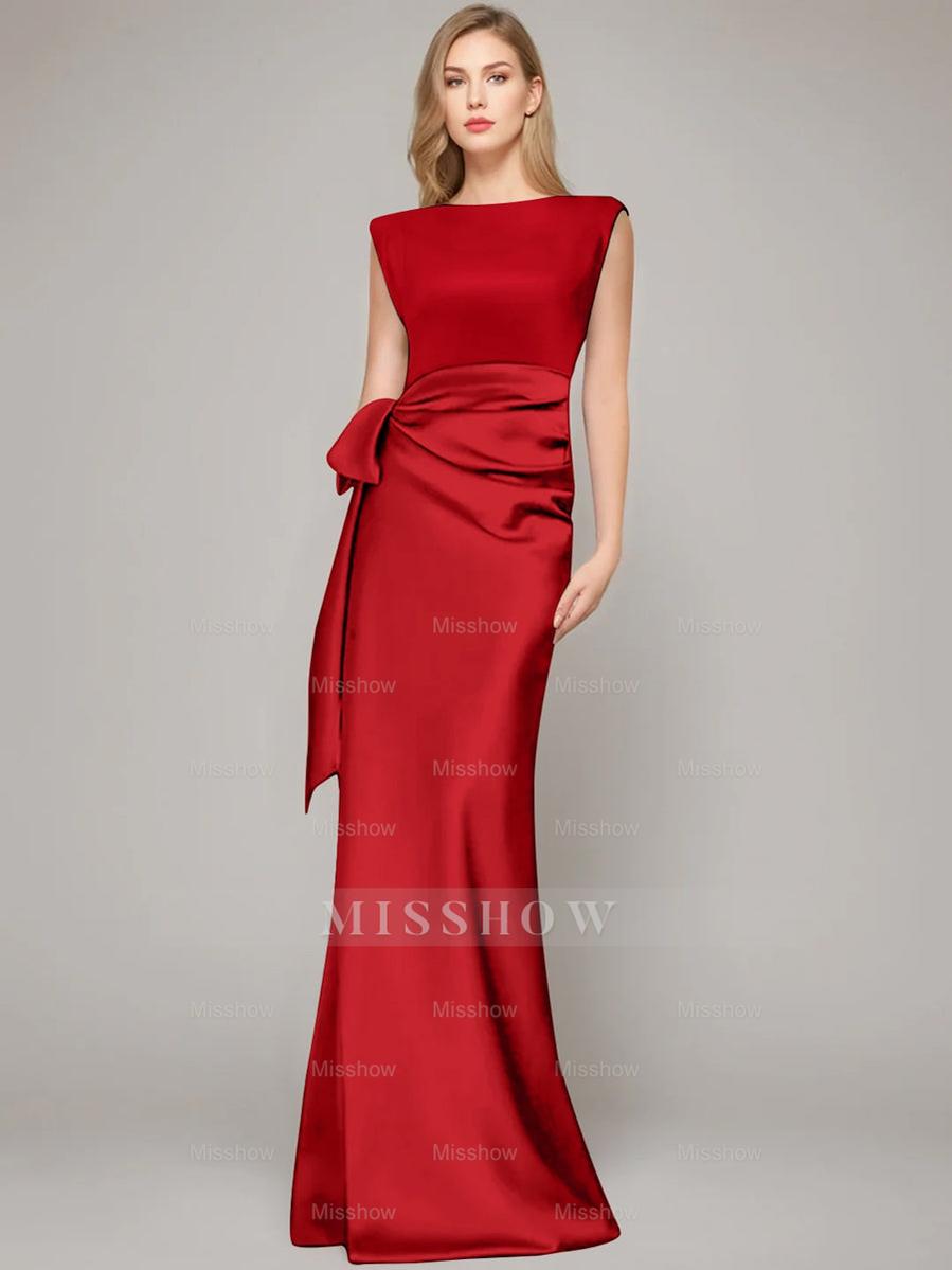 Floor-Length Sleeveless Mother of the Bride Dress with Bow and Shoulder Pad