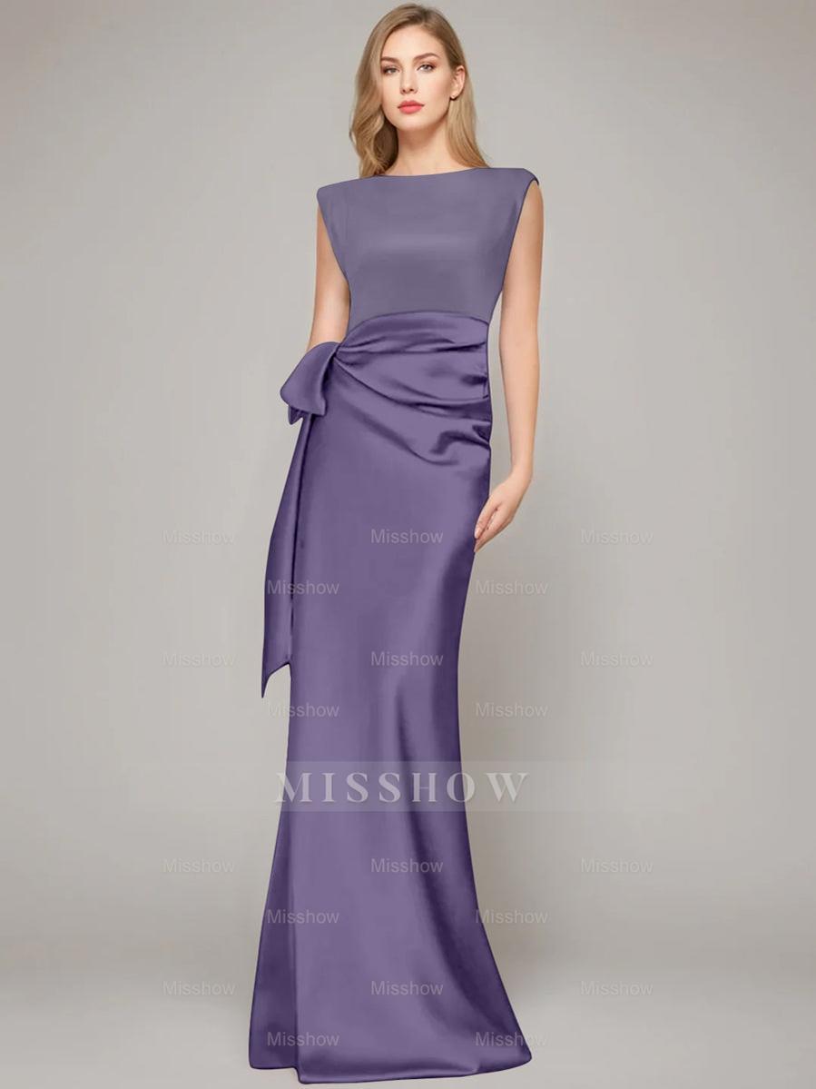 Floor-Length Sleeveless Mother of the Bride Dress with Bow and Shoulder Pad
