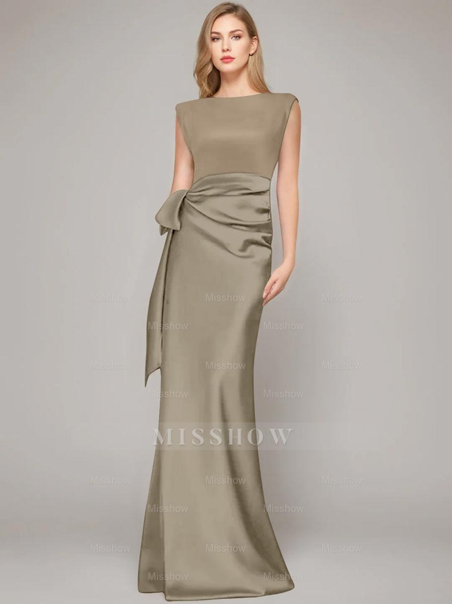 Floor-Length Sleeveless Mother of the Bride Dress with Bow and Shoulder Pad