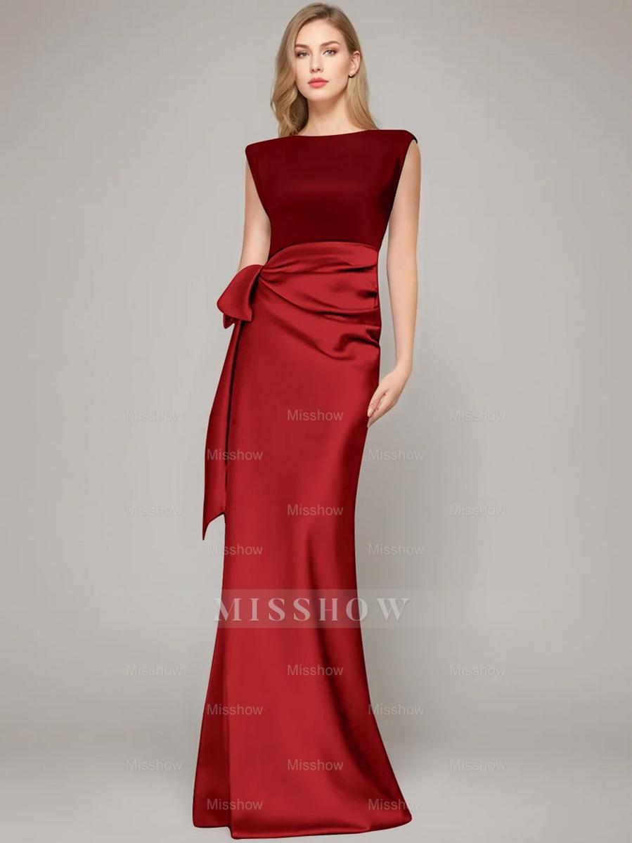 Floor-Length Sleeveless Mother of the Bride Dress with Bow and Shoulder Pad