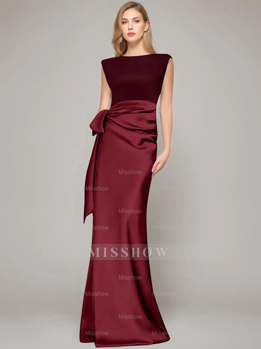 Floor-Length Sleeveless Mother of the Bride Dress with Bow and Shoulder Pad