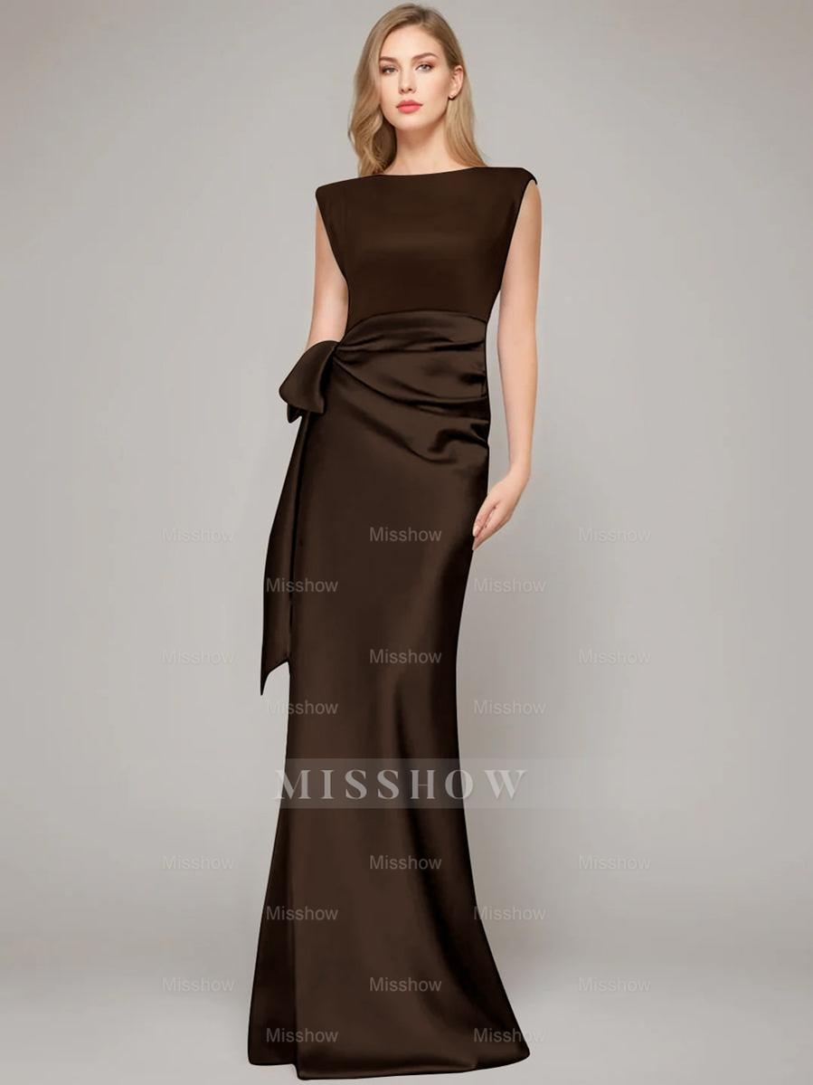 Floor-Length Sleeveless Mother of the Bride Dress with Bow and Shoulder Pad
