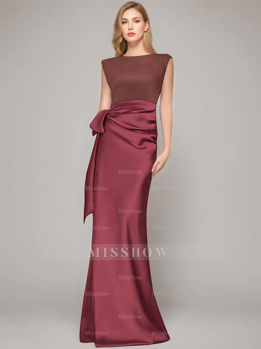 Floor-Length Sleeveless Mother of the Bride Dress with Bow and Shoulder Pad